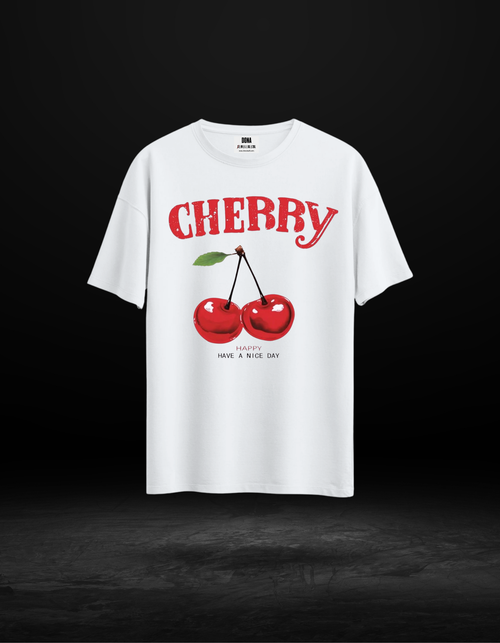 Cherry Kiraz Baskılı Oversize Happy Mood Tişört