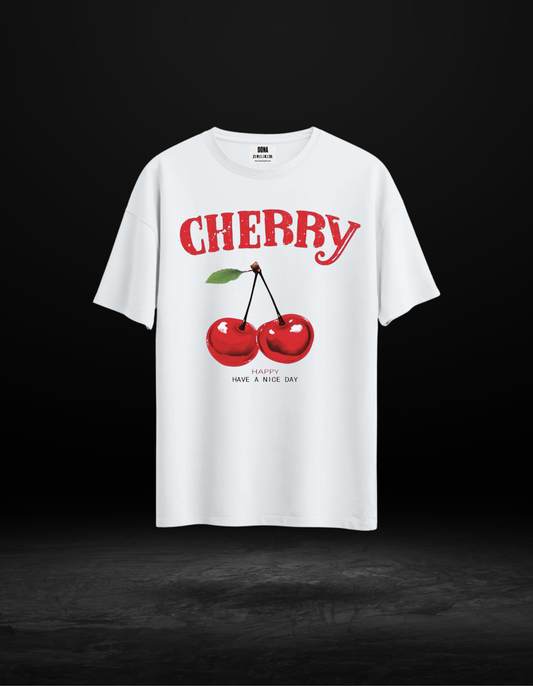 Cherry Kiraz Baskılı Oversize Happy Mood Tişört